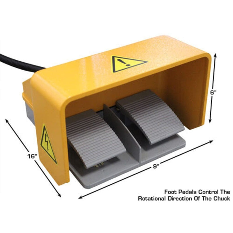 A yellow foot pedal for the Atlas TTC305A with dimensions of 16" deep and 9" wide and a height of 6". The overlay text notes that it controls the rotational direction of the chuck.