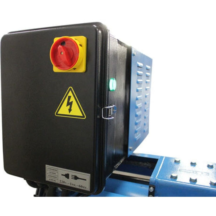 A blue-colored power box for the Atlas TTC305A + WBT-210 Combo Package, with a large red emergency stop button, an electrical warning symbol, and power plug.