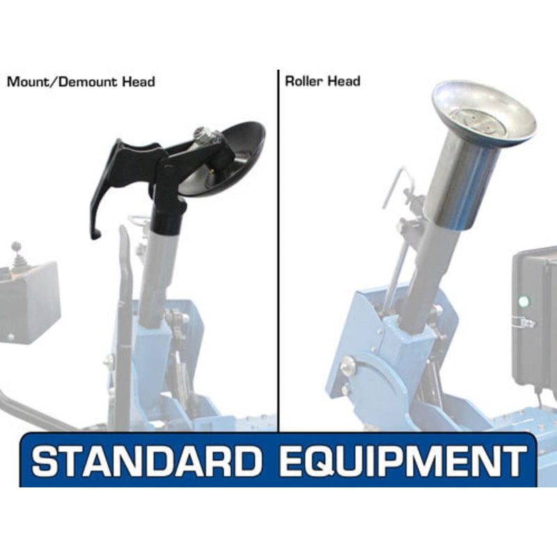 The two standard equipment tools for the Atlas TC305A, a mount/demount head and a roller head, both designed for handling truck and car tires.