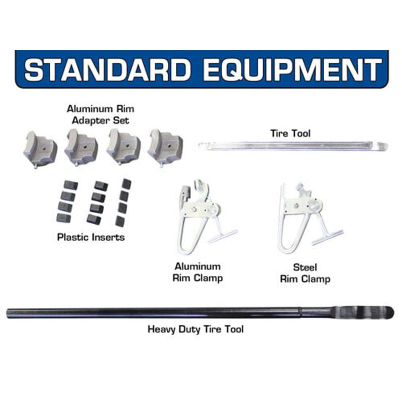 A set of accessories that are standard equipment with the Atlas TC305A tire changer, including an aluminum rim adapter set with plastic inserts, a heavy-duty tire tool, and an aluminum and steel rim clamp.
