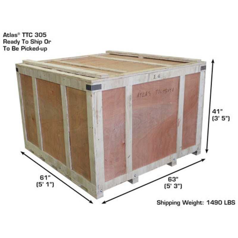 A wooden shipping crate for the Atlas TTC305A, with dimensions of 61" long, 63" wide, and 41" high, and a shipping weight of 1,490 lbs.