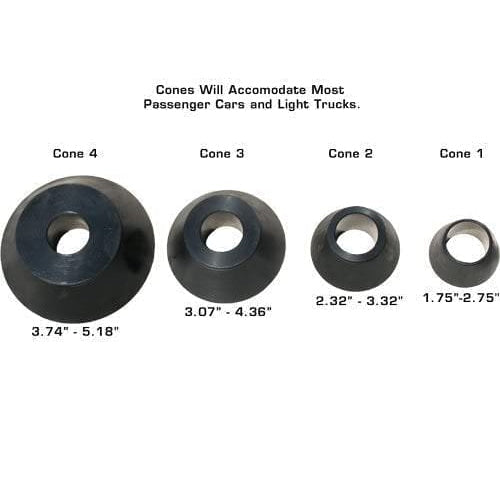 A diagram of the four cones included with the Atlas WBT-210, with overlay text detailing their sizes in inches and indicating they accommodate most passenger cars and light trucks.