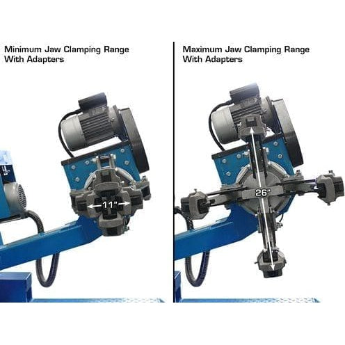 The Atlas TTC305A tire changer with measurements for its recommended distance from walls or other equipment (4' to 8') and its overall dimensions of 64" wide and 55" deep, with a roller head and a tire mounted.