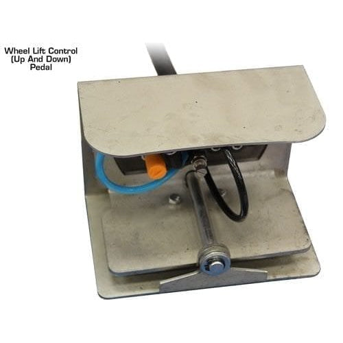 A close-up of the metal pedal that serves as the "Up and Down" control for the wheel lift on the Atlas WBT-210 wheel balancer.
