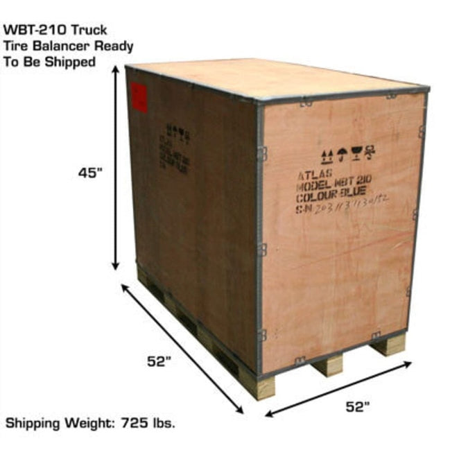 A wooden shipping crate for the Atlas TTC303 + WBT-210 Combo Package, with dimensions of 45 inches by 52 inches by 52 inches and a shipping weight of 725 lbs.