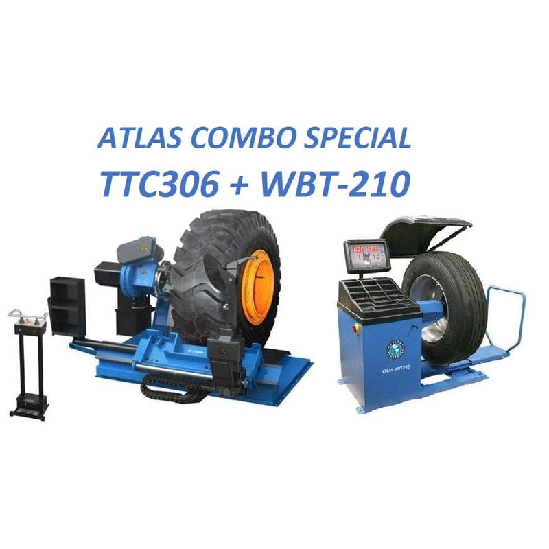 The Atlas Combo Special ATETTCWB-COMBO4_1, featuring the Atlas TTC606 commercial truck tire changer and the Atlas WBT-210 wheel balancer side-by-side on a white background.