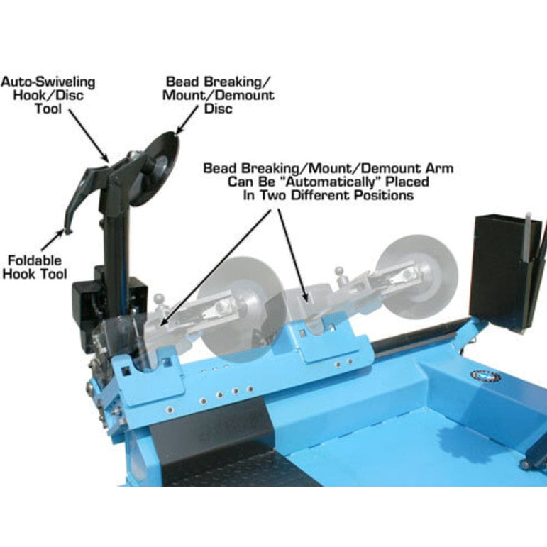 A side view of the blue and black Atlas TTC606 tire changer, highlighting the auto-swiveling hook tool and the bead breaking mount/demount arm, which can be placed in two different positions.