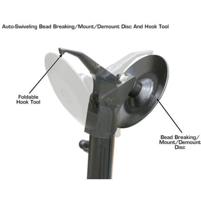 A close-up view of the auto-swiveling bead breaking, mount/demount disc, and foldable hook tool on the Atlas TTC606 tire changer.