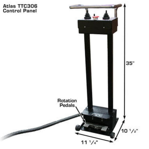 The Atlas TTC306 control panel, with measurements showing it is 35 inches tall, featuring black rotation pedals on a black base that measures 11 1/4 inches wide and 10 1/2 inches deep.