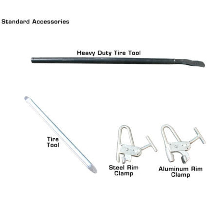 A collection of standard accessories for the Atlas TTC606 tire changer, including a long, black heavy-duty tire tool, a silver tire tool, a steel rim clamp, and an aluminum rim clamp.