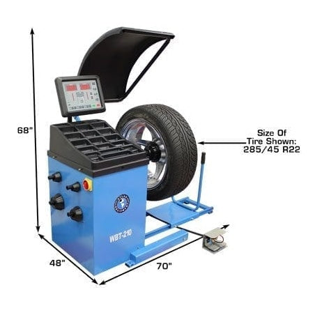 A blue Atlas WBT-210 wheel balancer with a tire mounted on it. The dimensions are noted as 88 inches high, 70 inches wide, and 48 inches deep, with an overlay text indicating it is 220V motor-operated and that the tire shown is a 285/45 R22 size.