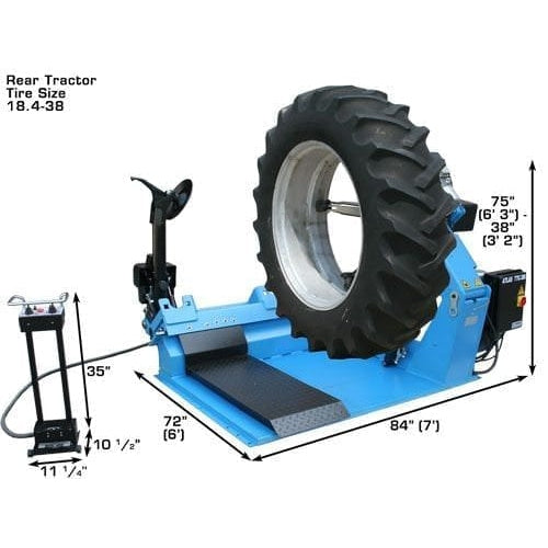 A large, heavy-duty blue and black Atlas TTC606 commercial truck tire changer, with a rear tractor tire sized 18.4-38 mounted on its hydraulic arms. The machine's dimensions are labeled as 75 inches high, 84 inches wide, and 64 inches deep.