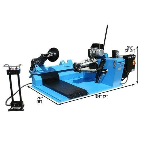 A large, heavy-duty blue and black Atlas TTC606 commercial truck tire changer, with a 46-inch sprayer tire mounted on its hydraulic arms. A small image of a green John Deere tractor sprayer is in the upper right corner.