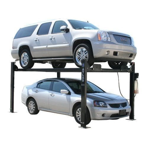 A front-side view of the Atlas Garage PRO8000 4-post lift, with an SUV on the upper platform and a sedan on the lower floor.