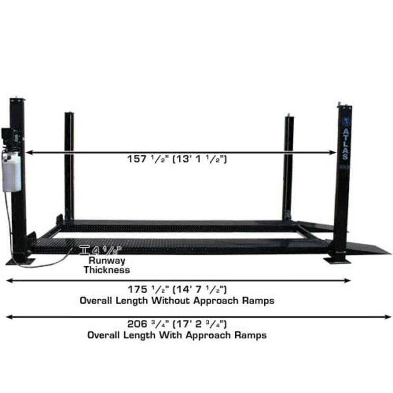A side view diagram of the Atlas Garage PRO8000 four-post lift, showing the 157 1/2" length between columns and a 206 3/4" overall length with approach ramps.