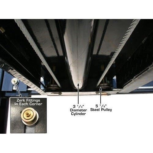 An underside view of the Atlas Garage PRO8000 lift's runway, showing the Zerk fittings for lubrication and the 3 1/4" diameter steel pulley.