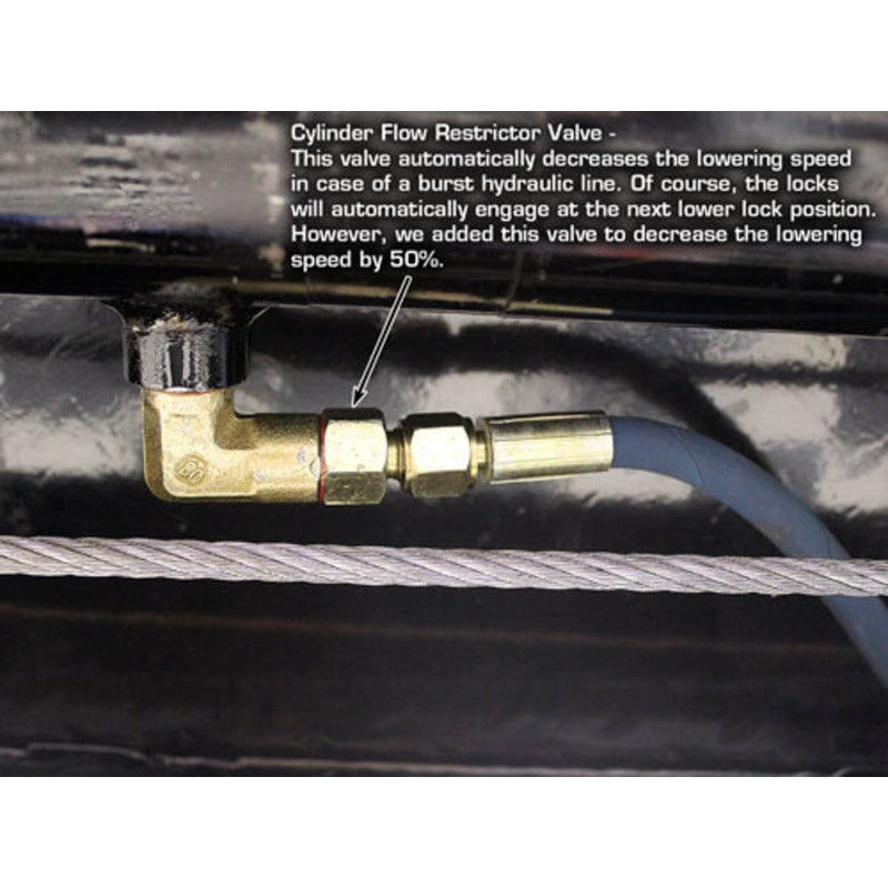 A detailed view of the Atlas Garage PRO8000 lift's hydraulic hose and cylinder flow restrictor valve, which decreases the lowering speed by 50% in case of a burst line.