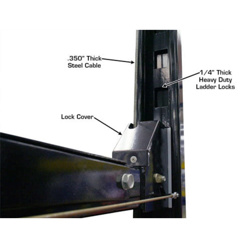 A side view diagram of the Atlas Garage PRO8000 lift's lock ladder and 3/8" thick steel cable with a 1/4" thick heavy-duty lock ladder.