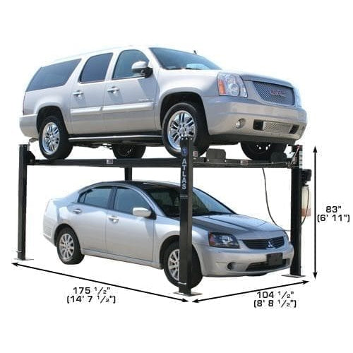 A front-corner view of the Atlas Garage PRO8000 lift with two cars, illustrating the overall dimensions of 175 1/2" long and 104 1/2" wide.