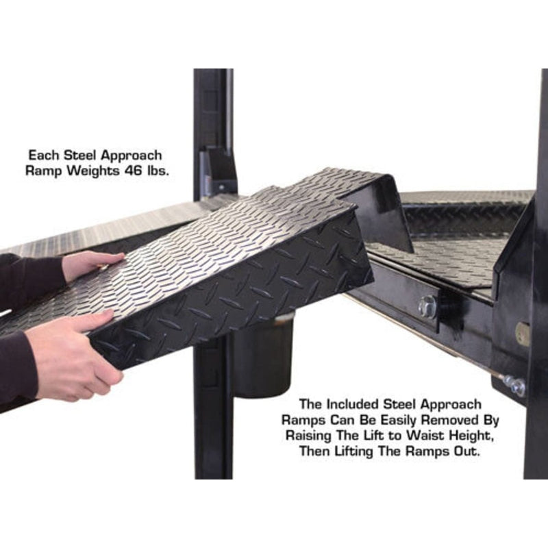A person is shown lifting one of the 46 lb steel approach ramps for the Atlas Garage PRO8000, demonstrating how they are installed.