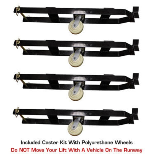 A set of four black caster kit extensions with polyurethane wheels for the Atlas Garage PRO8000 lift. A note warns not to move the lift with a vehicle on the runway.
