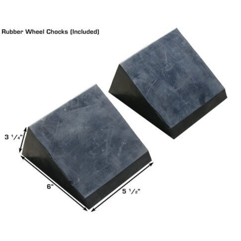 A pair of black rubber wheel chocks for the Atlas Garage PRO8000 lift, each measuring 6" long and 5 1/2" wide, used for safety and stability.