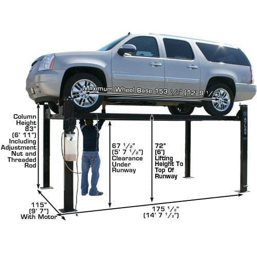 A side diagram of the Atlas Garage PRO8000 four-post lift, showing a person standing underneath and highlighting the 72" clearance to the top of the runway and 83" column height.