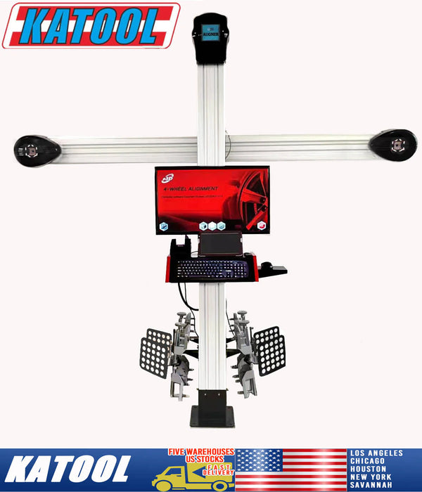 A front view of the Katool KT-AV6 3D Wheel Aligner, highlighting the full machine and its brand-specific details. The unit features a red computer screen and four wheel targets, with the "KATOOL" brand logo and a graphic of its US warehouse locations prominently displayed at the bottom.