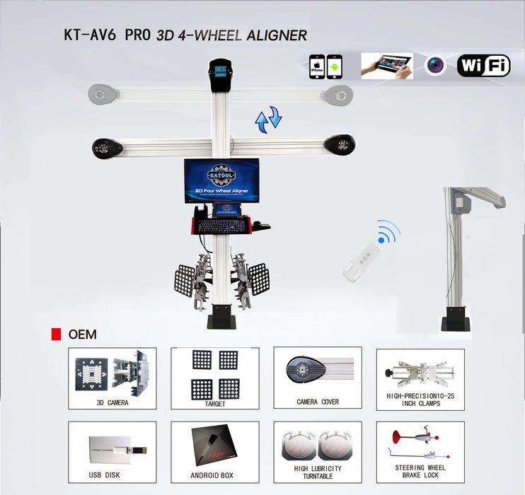 A technical graphic of the Katool KT-AV6 3D Wheel Aligner, showcasing the machine's features and included accessories. The image shows the full machine with a "WIFI" icon, and below, a list of components, including "3D CAMERA," "CAMERA COVER," and "STEERING WHEEL LOCK."
