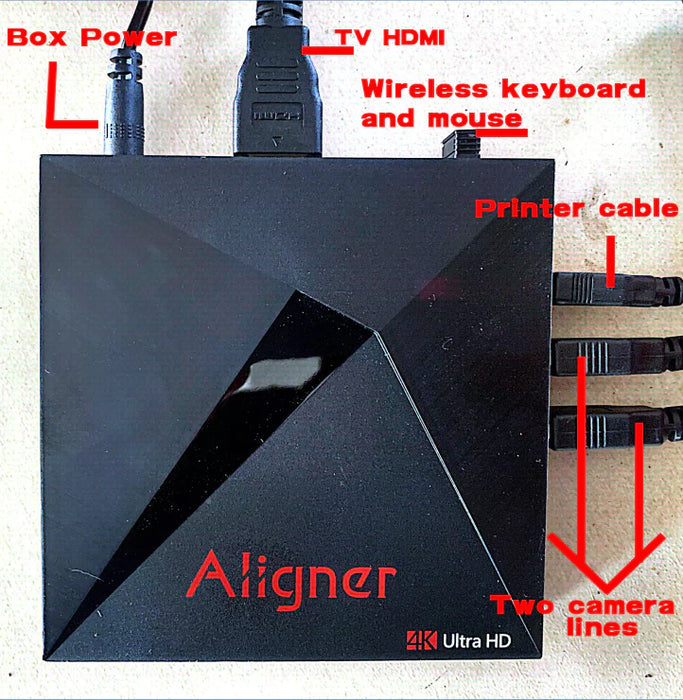 A close-up of the main black control box for the Katool KT-AV6 3D Wheel Aligner. The image highlights the various ports and cables, including "Box Power," "TV HDMI," "Wireless keyboard and mouse," "Printer cable," and "Two camera lines," all labeled for easy identification.