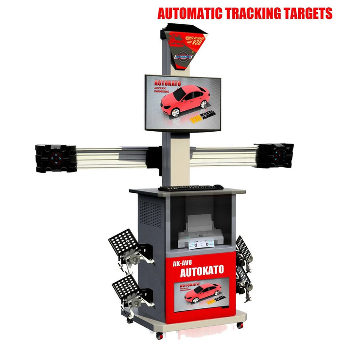 The Katool KT-AV8 3D wheel aligner is shown from the front on a white background, featuring a red cabinet, a camera bar, and four wheel targets. A text overlay highlights its "AUTOMATIC TRACKING TARGETS" feature.