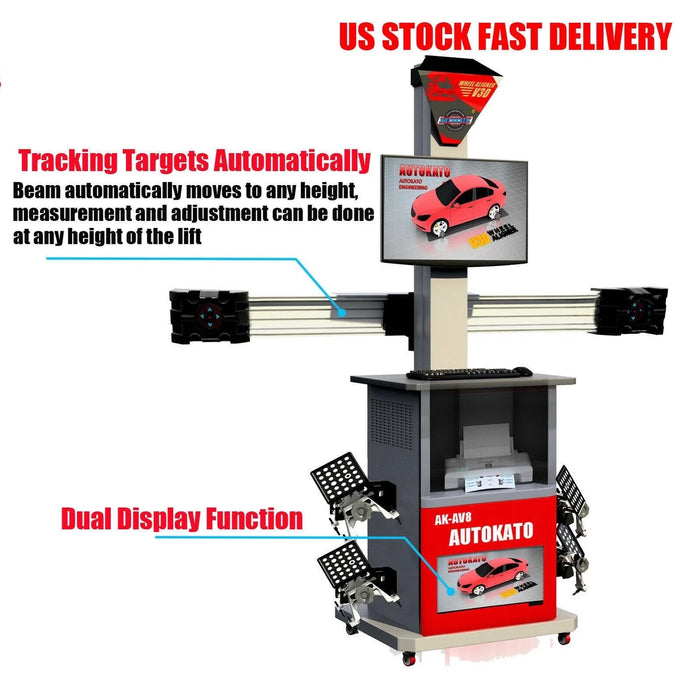 A front view of the Katool KT-AV8 3D wheel aligner on a white background with a large text overlay stating "US STOCK FAST DELIVERY". The image also highlights the "Tracking Targets Automatically" and "Dual Display Function" features.