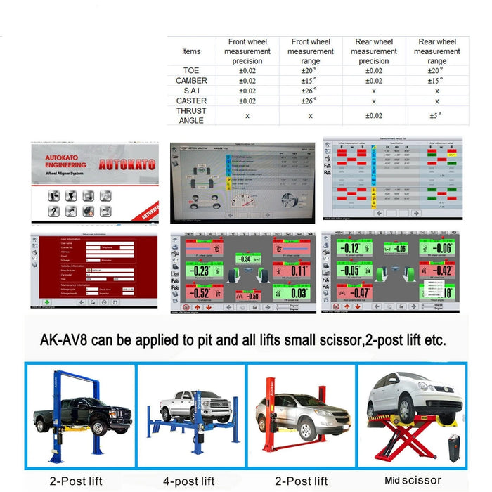 This image displays various screen captures from the Katool KT-AV8 software interface, showing different measurement readings and data screens. The image also includes a diagram illustrating the system's compatibility with 2-post, 4-post, and mid-scissor lifts.