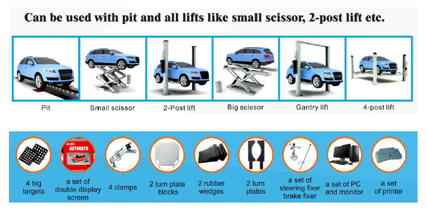 A professional diagram illustrates the versatility of the Katool KT-AV8 3D wheel alignment system, showing its use with a pit, small scissor, 2-post, big scissor, gantry, and 4-post lifts. The image also shows a graphic of the included accessories, such as the targets and turn plates.