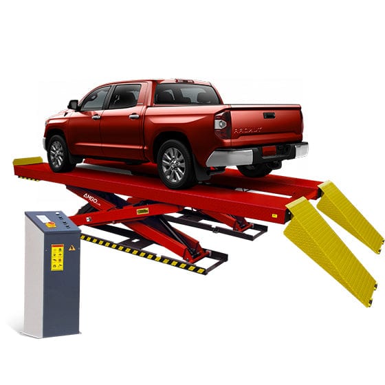 A red pickup truck is positioned on a red and yellow AMGO AX-12 Scissor Lift, which is elevated to a maintenance height, showcasing its heavy-duty design and yellow diamond platforms.