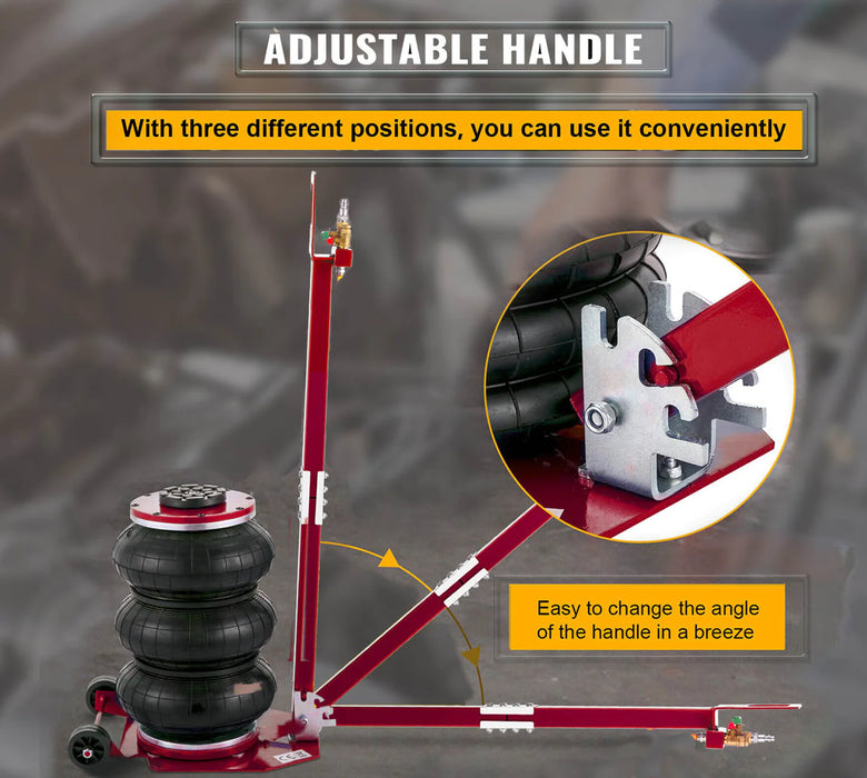 A side view of the Katool 3-ton bag air jack. The image highlights the adjustable handle and provides a close-up of the three different handle positions.