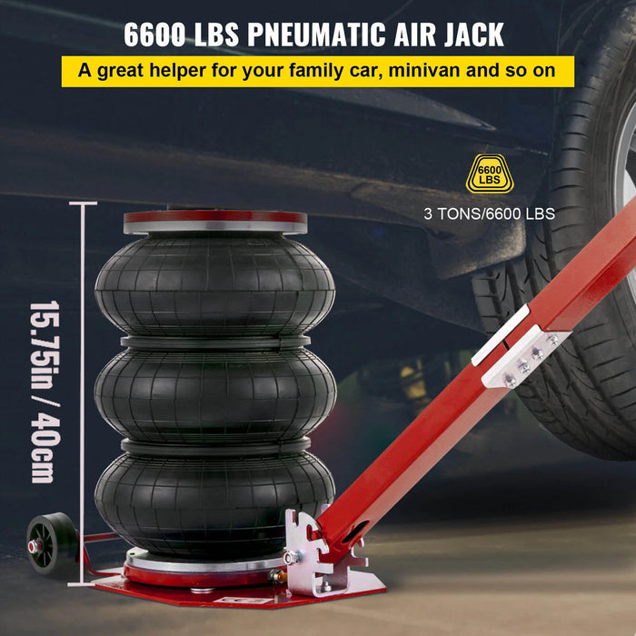 The Katool 3-ton bag air jack positioned under a car with the bellows inflated, lifting the vehicle. The image has overlaid text specifying a "6600 lbs" and "3 Tons" capacity and a 15.75-inch/40cm lifting height.