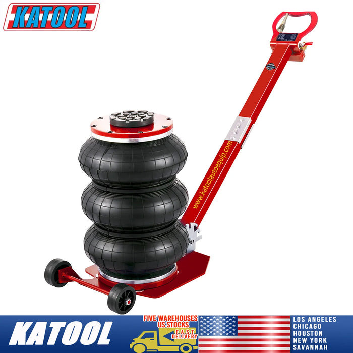 The Katool 5-ton bag air jack is shown at a front-side angle with its red base and handle, and a black three-bag bellows. The image has a Katool logo and an American flag with text specifying warehouse locations.