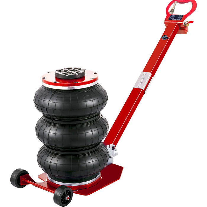 The Katool 5-ton bag air jack is shown in a fully raised position, with its red handle and black bellows, with "5 TONS" text visible on the bellows.