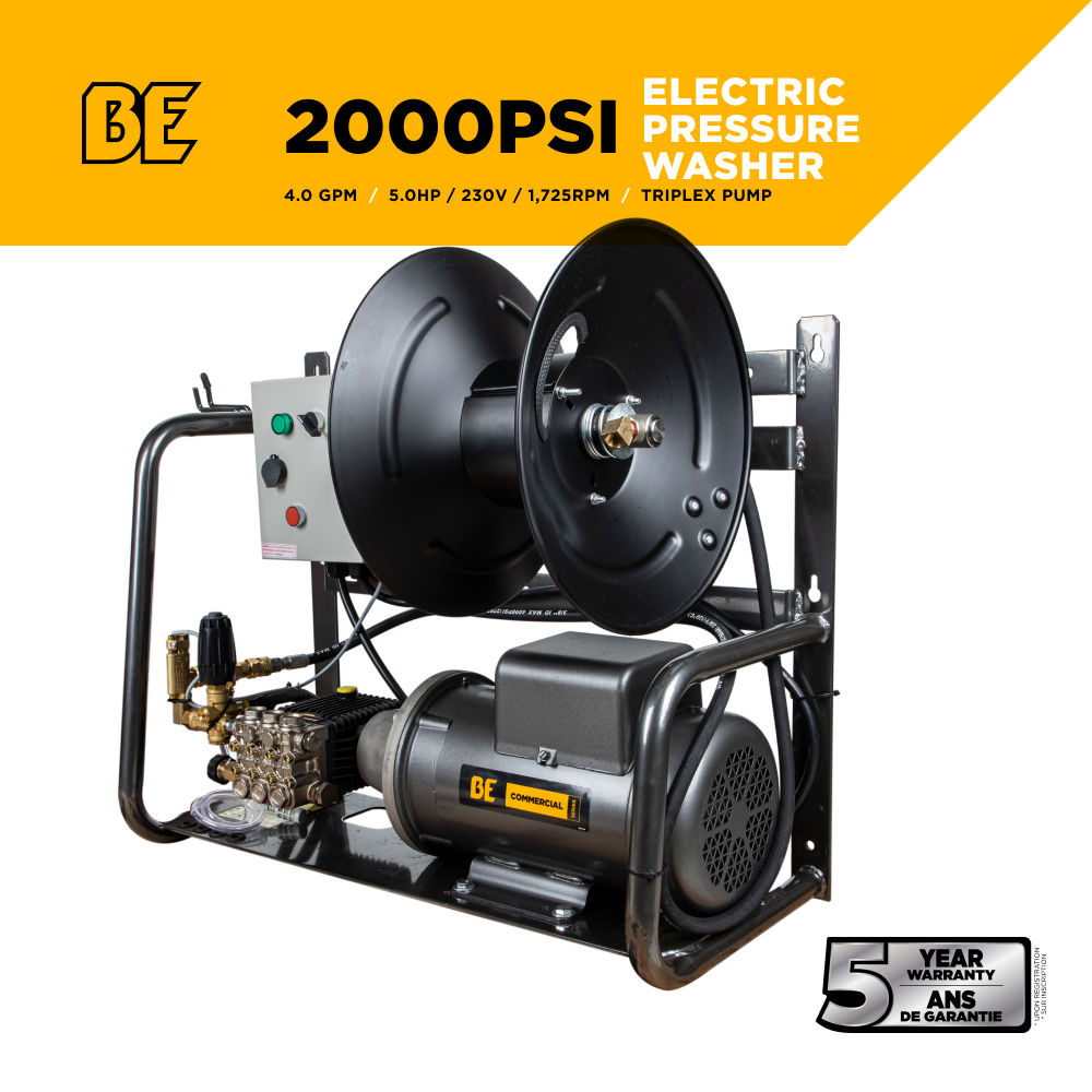 BE Power 2,000 PSI 4.0 GPM 5.0 HP Electric Pressure Washer with Baldor Motor and General Triplex Pump - X-2050FW3GENHT2
