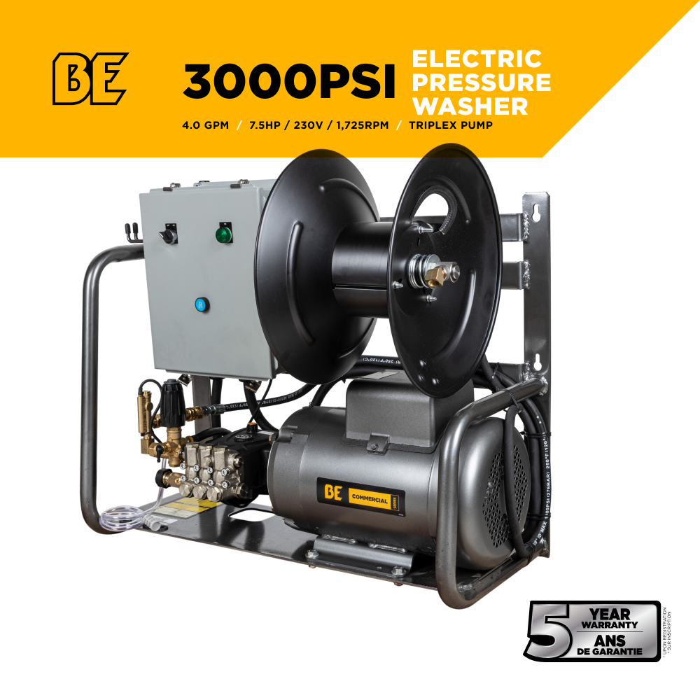 BE Power 3,000 PSI 4.0 GPM 7.5 HP Electric Pressure Washer with 7.5 HP - 3 Phase Baldor Motor and General Triplex Pump - X-2775FW3GENHT2