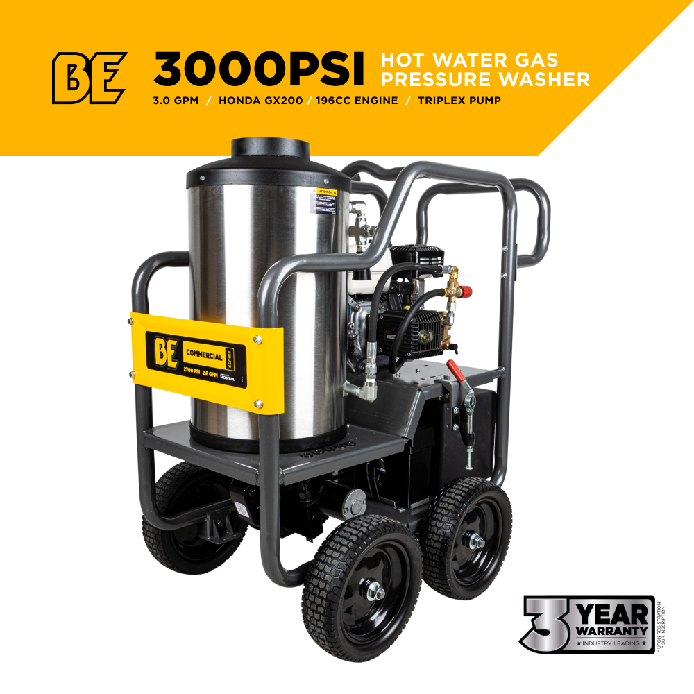 BE Power 3000PSI 3.0GPM Hot Water Pressure Washer with Honda GX200 Engine and General Triplex Pump - HW2765HG