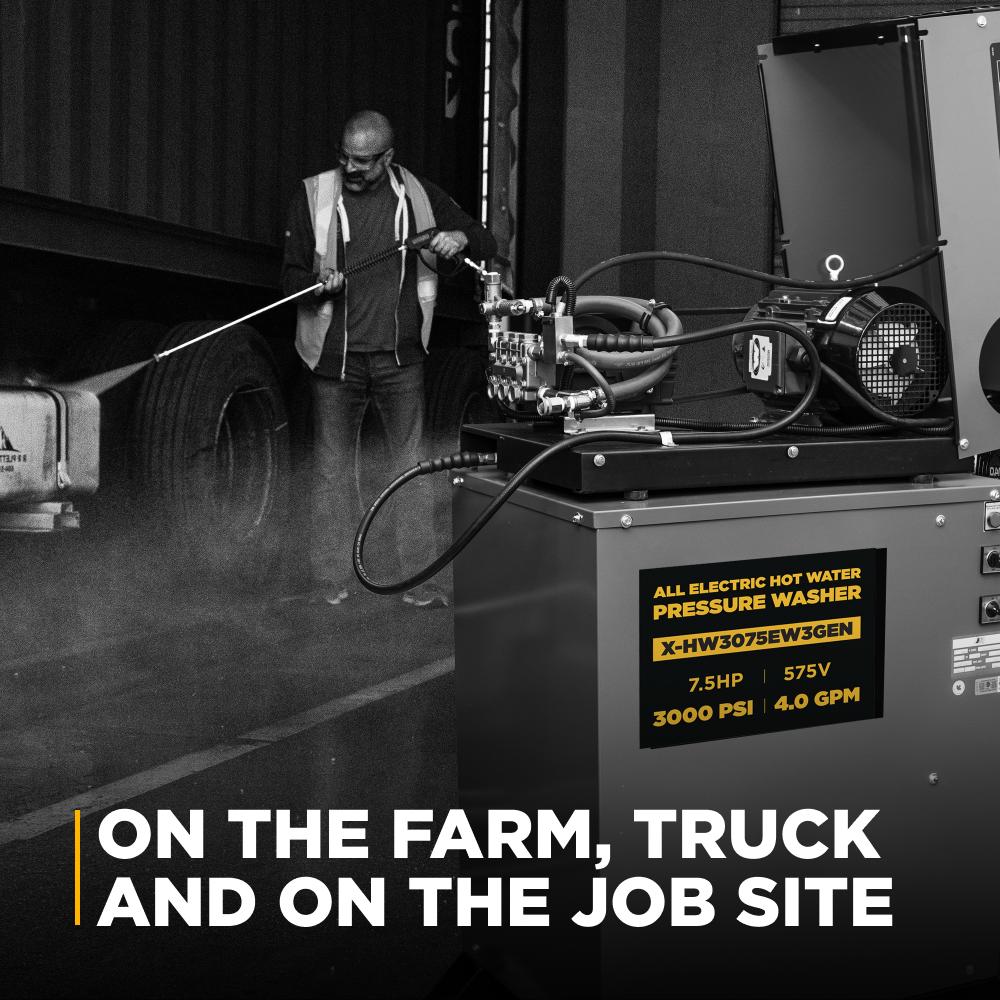 BE Power 3,000 PSI 4.0 GPM 7.5 HP Hot Water Pressure Washer with 7.5HP Motor and General Triplex Pump - X-HW3075EW3GEN