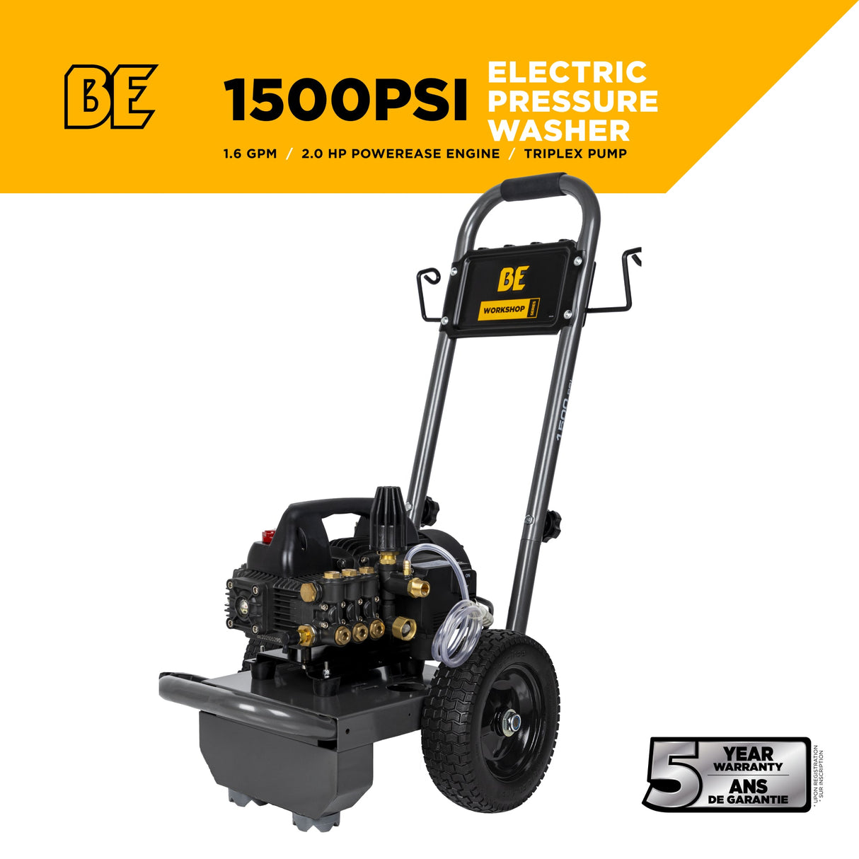 BE Power 1,500 PSI 1.6 GPM 1.5 HP Electric Pressure Washer with Powerease Motor and Triplex Pump - B1515EN