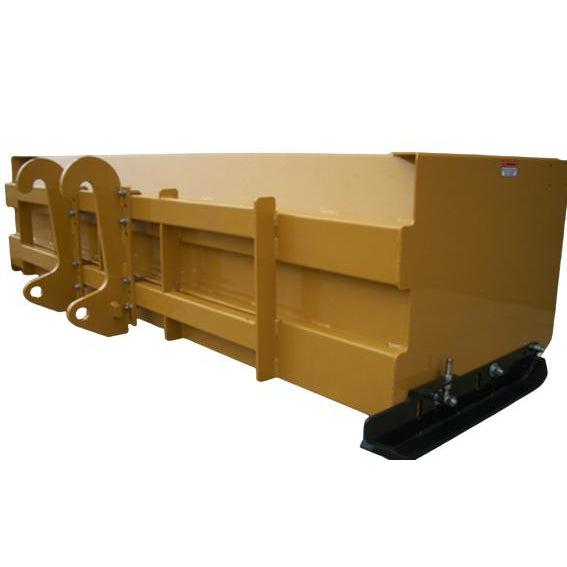 A large yellow Haugen Snow Pusher equipped with the Wheel-Loader Bolt-on Mount System, seen from a side view.