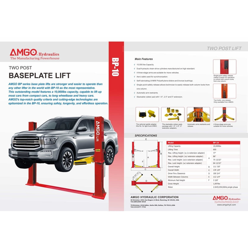 A product brochure for the AMGO BP-10 Two-Post Baseplate Lift, featuring a detailed diagram, specifications, and a photo of a silver SUV elevated on the lift.