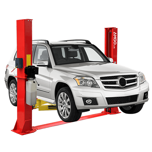 A white Mercedes-Benz GLK is elevated on a red AMGO BP-12 2-Post Base Plate Lift, which has yellow and red lifting arms against a dark gray checkered background.