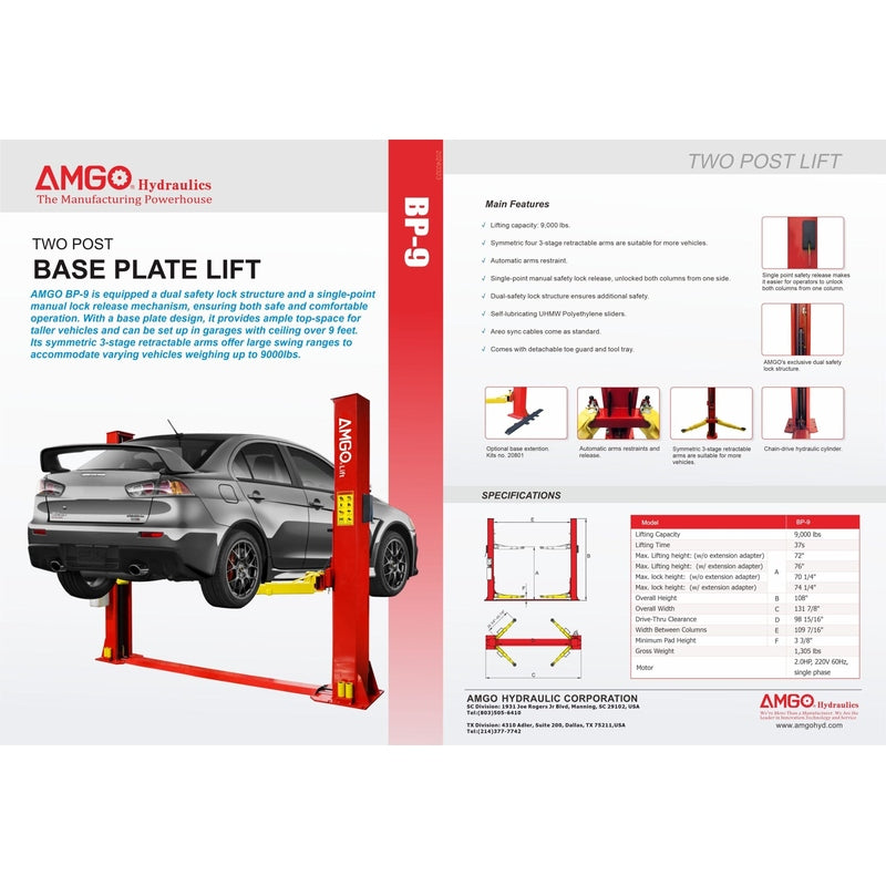 A brochure for the AMGO BP-9 Base Plate Two-Post Lift, displaying a red and yellow lift with a car and providing detailed specifications including its 9,000 lbs capacity and 111 7/8 inch column height.