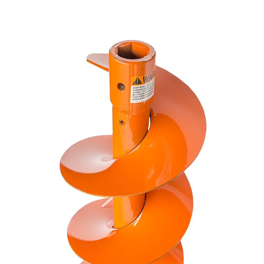 A front view of the Brave 36" Earth Auger Bit, showcasing its large orange spiral flighting and the 1-3/8-inch hexagon driveshaft, ready to be attached to an earth auger.