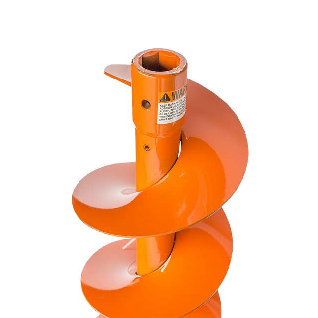 A vibrant orange, spiral-shaped Brave 16-inch Earth Auger Bit is shown against a transparent background, highlighting its design. The auger bit has a hexagonal driveshaft connection at the top and a prominent safety warning label.